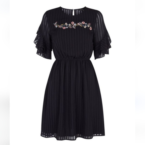 Dex Black Embroidered Striped Chiffon Frill Sleeve Dress Size S Small - Picture 5 of 13